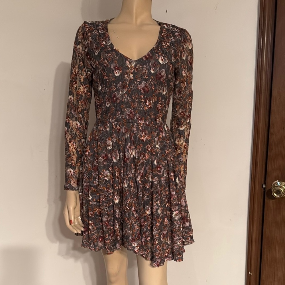 Rewind Brown and Red Fit and Flare Long Sleeve Dress